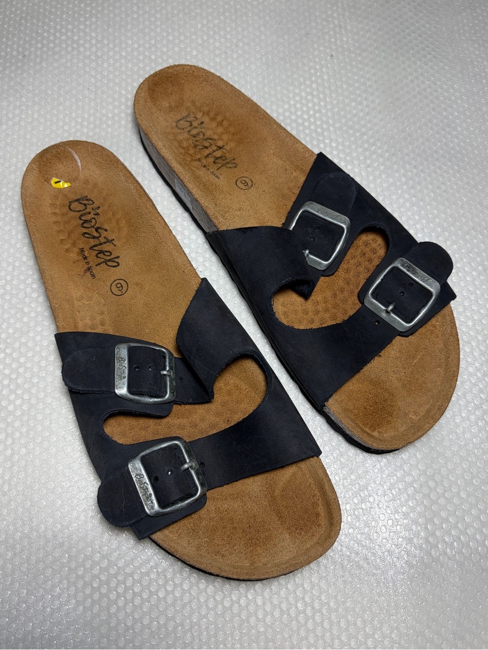 Biostep Made in Spain Leather Upper Black Double-Buckle Slide Sandals Sz 9